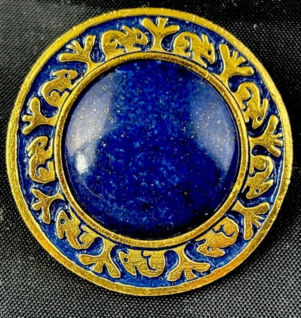 MFA Vintage Lapis Stone Center With Rabbits Edge Brooch Rare Gold Tone 1 1/4”